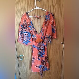 Melon and Lilac Tropical Dream Floral V-Neck Mini Dress/Romper, Sz L